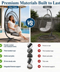 Comparison of Comfy Hanging Egg Chair with rust-resistant frame, thick braided rope, and others with prone to rust and weak features.