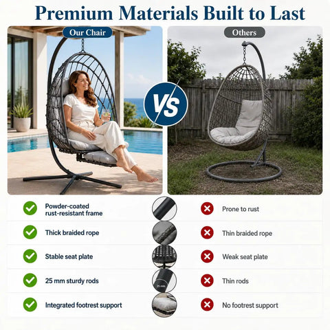 Comparison of Comfy Hanging Egg Chair with rust-resistant frame, thick braided rope, and others with prone to rust and weak features.