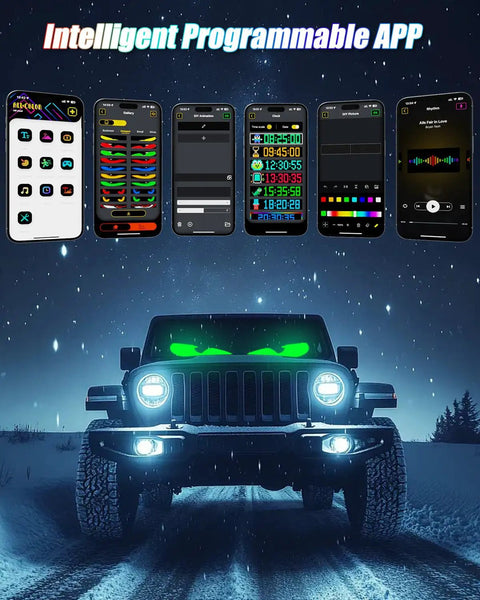 Programmable LED Windshield Eyes Sign With App And Remote Control, 23.4 By 4.7 Inch Flexible Car Display shown on jeep
