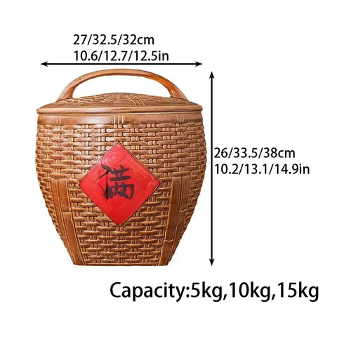 Top Shelf Ceramic Rice Storage Jar With Airtight Lid Chinese Design Grain Dispenser For Beans Coffee Tea Built Different Kitchen Organization Bucket dimensions and capacity details.