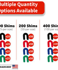 Front view: Glazelock plastic horseshoe shims for leveling, 400-piece multipack with four sizes; Made in USA.