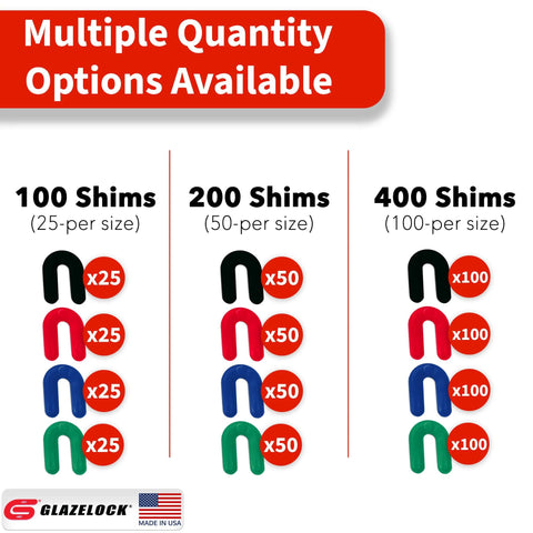 Front view: Glazelock plastic horseshoe shims for leveling, 400-piece multipack with four sizes; Made in USA.