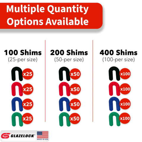 Workhorse Plastic Horseshoe Shim Multipack with 100, 200, 400-piece multi-color sets for leveling windows, doors, cabinets. Made in USA.