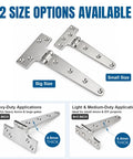 Tough As Nails 8X4 Inch 316 Marine Grade Stainless Steel T Hinges 2 Pack showing size options and thickness for various applications.
