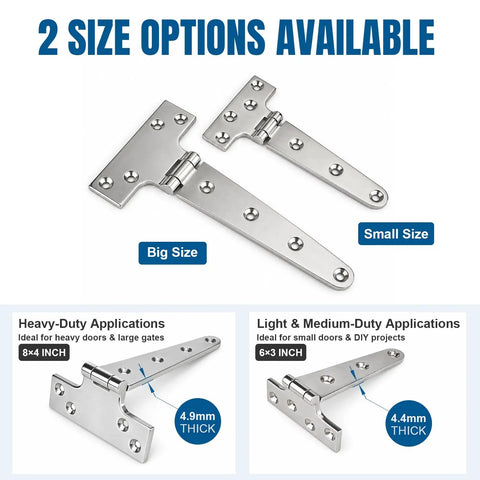 Tough As Nails 8X4 Inch 316 Marine Grade Stainless Steel T Hinges 2 Pack showing size options and thickness for various applications.