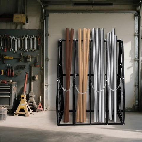 Heavy Duty Vertical Bar Rack Ready To Handle 1500 Lb Wall Mount Storage For Long Parts And Tool Boxes Welded Steel Frame Built Tough For Shop Life holding lumber and pipes.