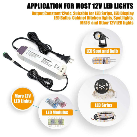 Dimmable 50W LED Driver For Light Strips And Accent Lighting 110V AC To 12V DC Transformer with LED application examples.