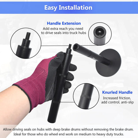 Heavy Duty Hub Seal Installer Kit for Class 7 And Class 8 Trucks with extension handle and knurled grip for safe installation