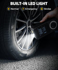 Cordless Tire Inflator Portable Air Pump With Digital Gauge And LED Light illuminating a car tire at night with LED modes displayed