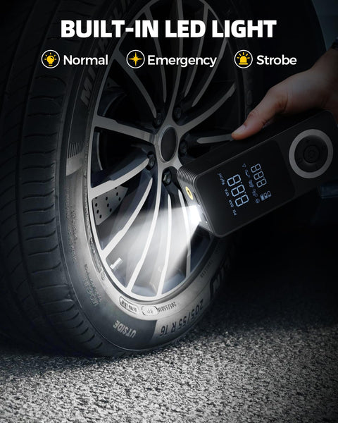 Cordless Tire Inflator Portable Air Pump With Digital Gauge And LED Light illuminating a car tire at night with LED modes displayed