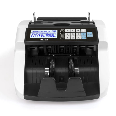 High Speed Money Counter With Multi Currency Detection, Counterfeit Bill Detector, LCD display, top front view.