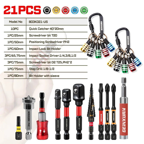 21Pcs Bit Holder Key Chain Set With One Quarter Inch Hex Shank One Handed Quick Change Release Drill Extension Step Drill Includes Impact Bits