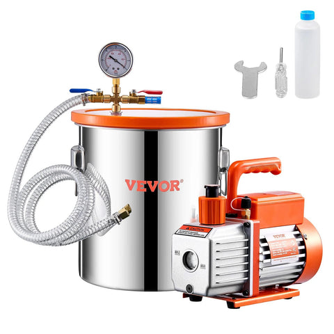 VEVOR 5-gallon vacuum chamber with orange lid and 3.5 CFM pump; stainless steel body, gauge, hoses, and accessories
