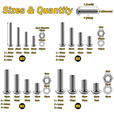 Massive 900Pcs Metric Screw Kit With M3-M6 Button Head Hex Screws, nuts, washers, 8-20mm fasteners, size chart image