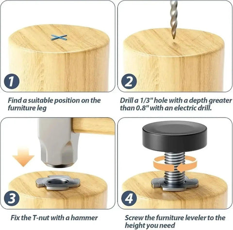 Step-by-step installation guide for Adjustable Furniture Leveling Feet Set For Sofa Bed Table And Cabinet shown on wooden leg.