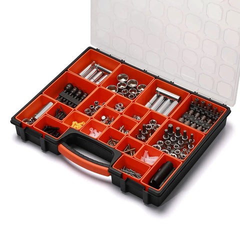 Open view of Two Pack 22 Compartment Toolbox Organizer Set For Hardware Nuts Bolts Nails And Small Tools Built Tough As Nails Durable Plastic Case