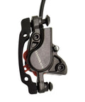Left Front Hydraulic Bike Brake And Lever Kit With 850mm Hose Aluminum Alloy Caliper Resin Pads Pre Bled Three Finger Reach Adjustable Is PM Compatible Adapter Included Black caliper detail