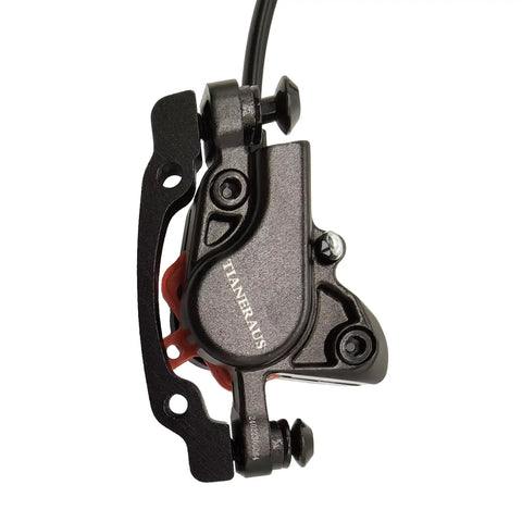 Left Front Hydraulic Bike Brake And Lever Kit With 850mm Hose Aluminum Alloy Caliper Resin Pads Pre Bled Three Finger Reach Adjustable Is PM Compatible Adapter Included Black caliper detail