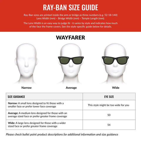 Ray-Ban size guide for Original Wayfarer Polarized Sunglasses With Classic Square Frame Black And Green Lens Combo 50mm Size