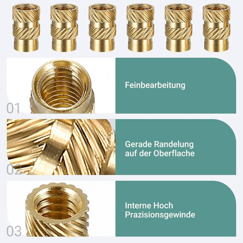 Brass Threaded Inserts Kit With Knurled Heat Set Nuts M2 M2.5 M3 M4 M5 M6 And 1/4 20 Female Thread For 3D Printing And Injection Molding 370 Pieces Pro Grade Embedding Nuts, close-up of threaded design and knurled surface