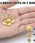 Hand holding Brass Clock Hand Nut Set 24 Piece Assortment For Grandfather, Wall, And Mantel Clocks Fits 5mm, 6mm, 10mm ODs