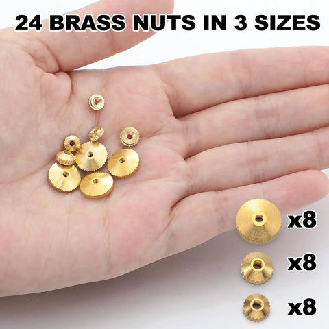Hand holding Brass Clock Hand Nut Set 24 Piece Assortment For Grandfather, Wall, And Mantel Clocks Fits 5mm, 6mm, 10mm ODs