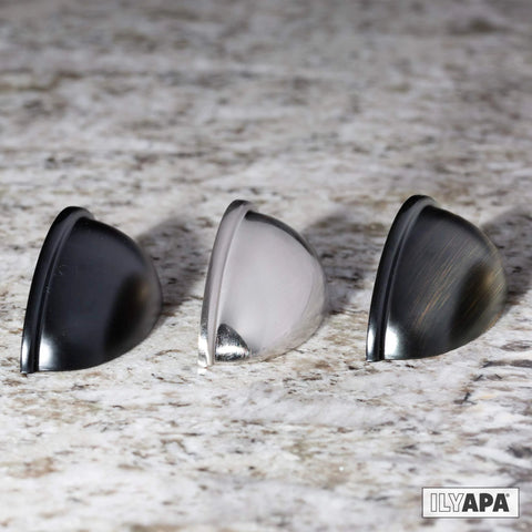 Side view of oil rubbed bronze cabinet cup pulls three and a half inch overall length 10 pack durable drawer handles.