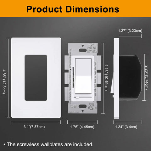 Dimensions of 10 Pack Digital Dimmer Switch With LED Indicator, screwless wall plate, single pole or 3 way, UL listed, white