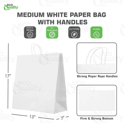 Large White Kraft Paper Bags With Handles 13x7x17 Inches 200 Count Durable Reusable Shopping Gift Bags Go To Party Retail