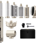 Eight In One Hot Air Styler And Hair Dryer Brush set with auto-wrap curler and storage case, shown with attachments and accessories