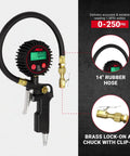 Digital Tire Inflator With Gauge 14 Inch Rubber Hose 250 PSI 3 In 1 Inflate Deflate And Measure Brass Lock On Chuck
