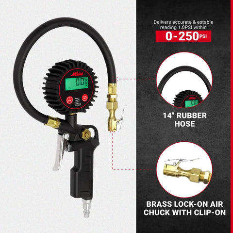 Digital Tire Inflator With Gauge 14 Inch Rubber Hose 250 PSI 3 In 1 Inflate Deflate And Measure Brass Lock On Chuck
