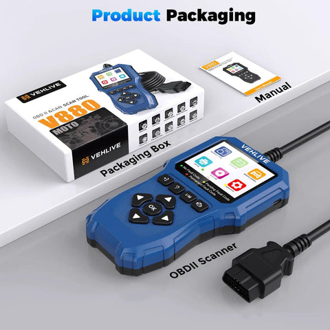 Dope Motorcycle Diagnostic Scanner V880 Moto OBD2 Tool with packaging and manual