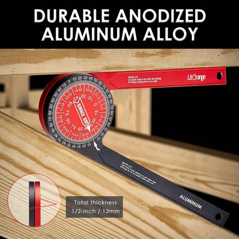 Precision Laser Etched 8.7 Inch Miter Saw Protractor And Heavy Duty Angle Finder For Inside Outside Corners Solid Anodized Aluminum Measuring Tool Foreman Approved Workhorse on wooden surface