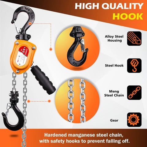 Front view of YATOINTO orange mini lever block chain hoist with steel hook and metal chain, 1/2 ton capacity
