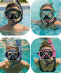 Adults and kids wearing All In One Snorkel Mask Set For Adults Kids And Teens With 180 Degree Field Of View Leak Proof Fog Proof Dive Mask Goggles