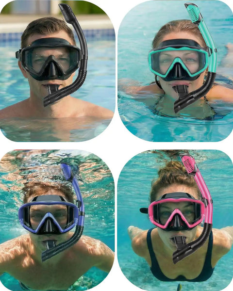 Adults and kids wearing All In One Snorkel Mask Set For Adults Kids And Teens With 180 Degree Field Of View Leak Proof Fog Proof Dive Mask Goggles
