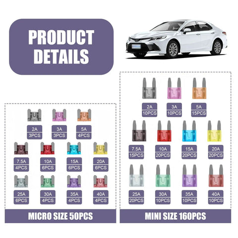 All In One 300 Piece Car Blade Fuse Kit With Micro Mini And Standard Fuses Universal Replacement Set For Auto Boat RV Sedan And More Amp Range 2A To 40A For Quick Circuit Protection showing micro and mini sizes