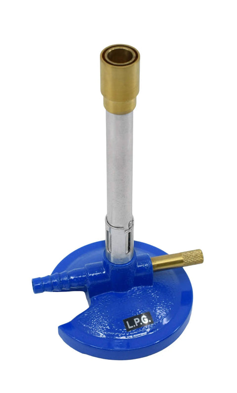 Premium Bunsen Burner For LPG And Butane Gas With Flame Stabilizer And Needle Valve Flow Control, blue die-cast base