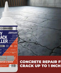 No Sweat Dark Gray Crack Filler For Concrete Repair And Garage Floors With Natural Finish Quick Cure Joint Sealer For Driveway And Patio Patching Busted Concrete Straight Up, in front of cracked garage floor.