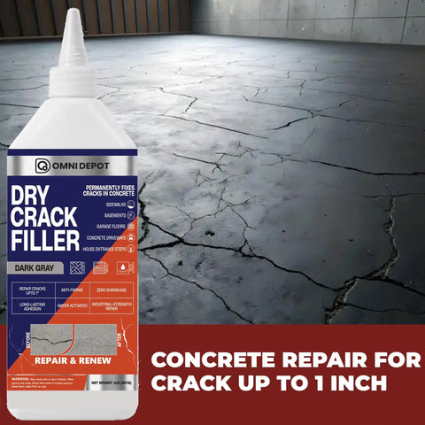No Sweat Dark Gray Crack Filler For Concrete Repair And Garage Floors With Natural Finish Quick Cure Joint Sealer For Driveway And Patio Patching Busted Concrete Straight Up, in front of cracked garage floor.
