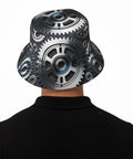 Fresh Unisex Black Bucket Hat With Dope Graphic Print And Super Lightweight Breathable Polyester Twill Fabric Easy Foldable Sun Hat For Chill Outdoor Vibes seen from the back showing gear graphic design.