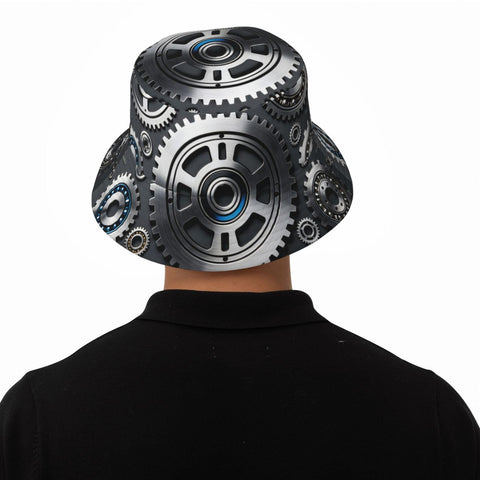 Fresh Unisex Black Bucket Hat With Dope Graphic Print And Super Lightweight Breathable Polyester Twill Fabric Easy Foldable Sun Hat For Chill Outdoor Vibes seen from the back showing gear graphic design.