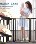 Woman holding baby beside 36 Inch Tall Baby Gate For Stairs And Doorways Fits Openings From About 29 To 51 Inches Auto Close Walk Through Gate