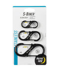 SlideLock Stainless Steel S Biner Dual Gate Carabiner With Locking Mechanism packaging showing 3 sizes for everyday carry