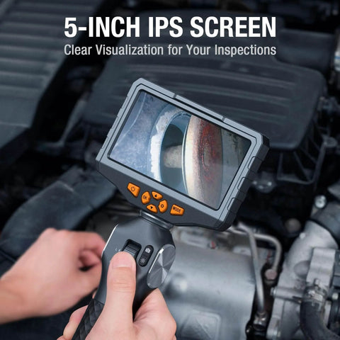 5-inch IPS screen on Two Way Articulating Borescope With Light For Auto Maintenance And Diagnostics displaying engine part view.