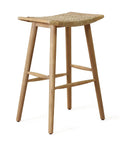 Magwen Outdoor Acacia Wood Barstool With Wicker Set Of Two Rustic Patio Seating For Deck Or Garden, light brown wicker top view.