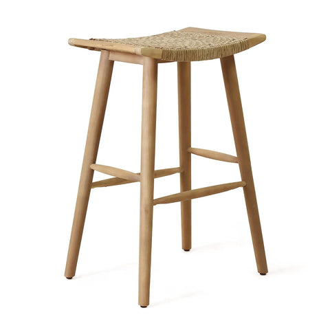 Magwen Outdoor Acacia Wood Barstool With Wicker Set Of Two Rustic Patio Seating For Deck Or Garden, light brown wicker top view.