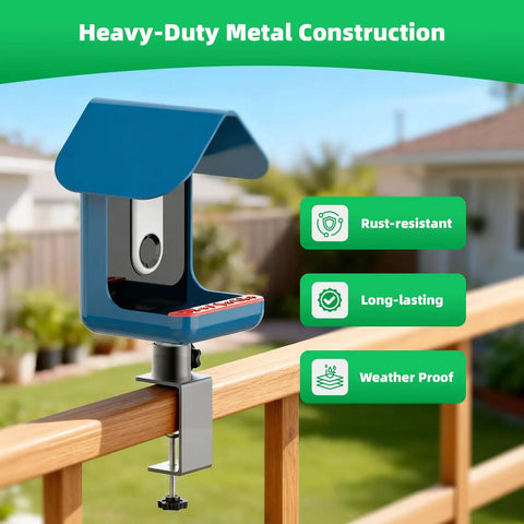 Heavy Duty Clamp-On Railing Mount For Bird Buddy Pro1 Pro2 Smart Feeder on deck rail, rust-resistant and weatherproof.