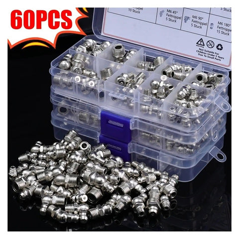 Gearhead Approved Grease Nipple Kit, 60 Piece Assortment For Bearings And Automotive Industrial Parts M6 M8 M10 Hydraulic Zerk Nipples Straight 180 Degree, 45 Degree, And 90 Degree Angles, Heavy Duty Stainless Brass